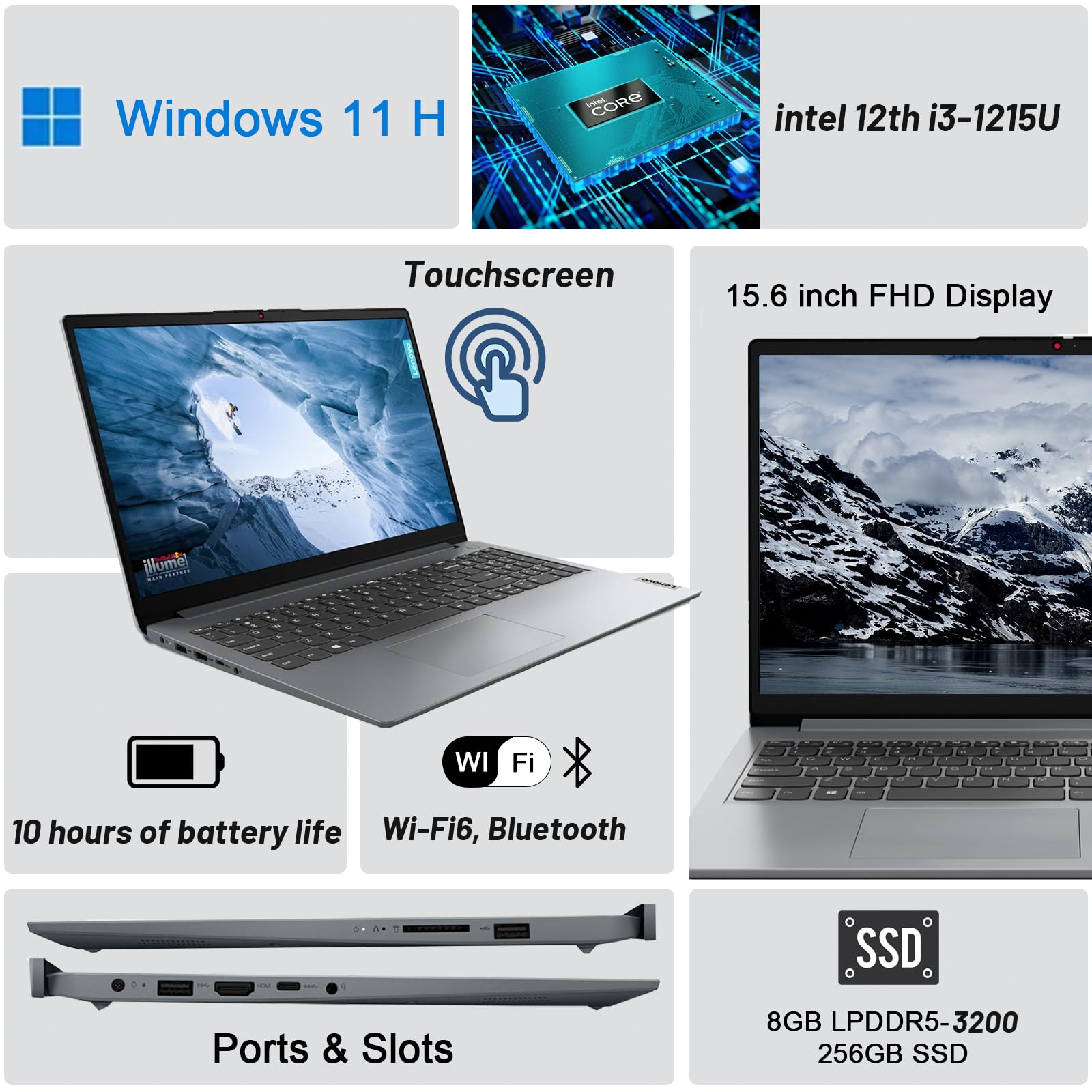 Lenovo Ideapad 1I 15.6'' Touch Laptop, Intel Core I3 1215U, 15.6'' Fhd Touchscreen Display, 8Gb Ram, 256Gb Ssd, Intel Uhd Graphi
